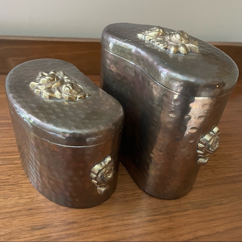 Vintage Heavy Hammered Brass Rose Trinket Box Set